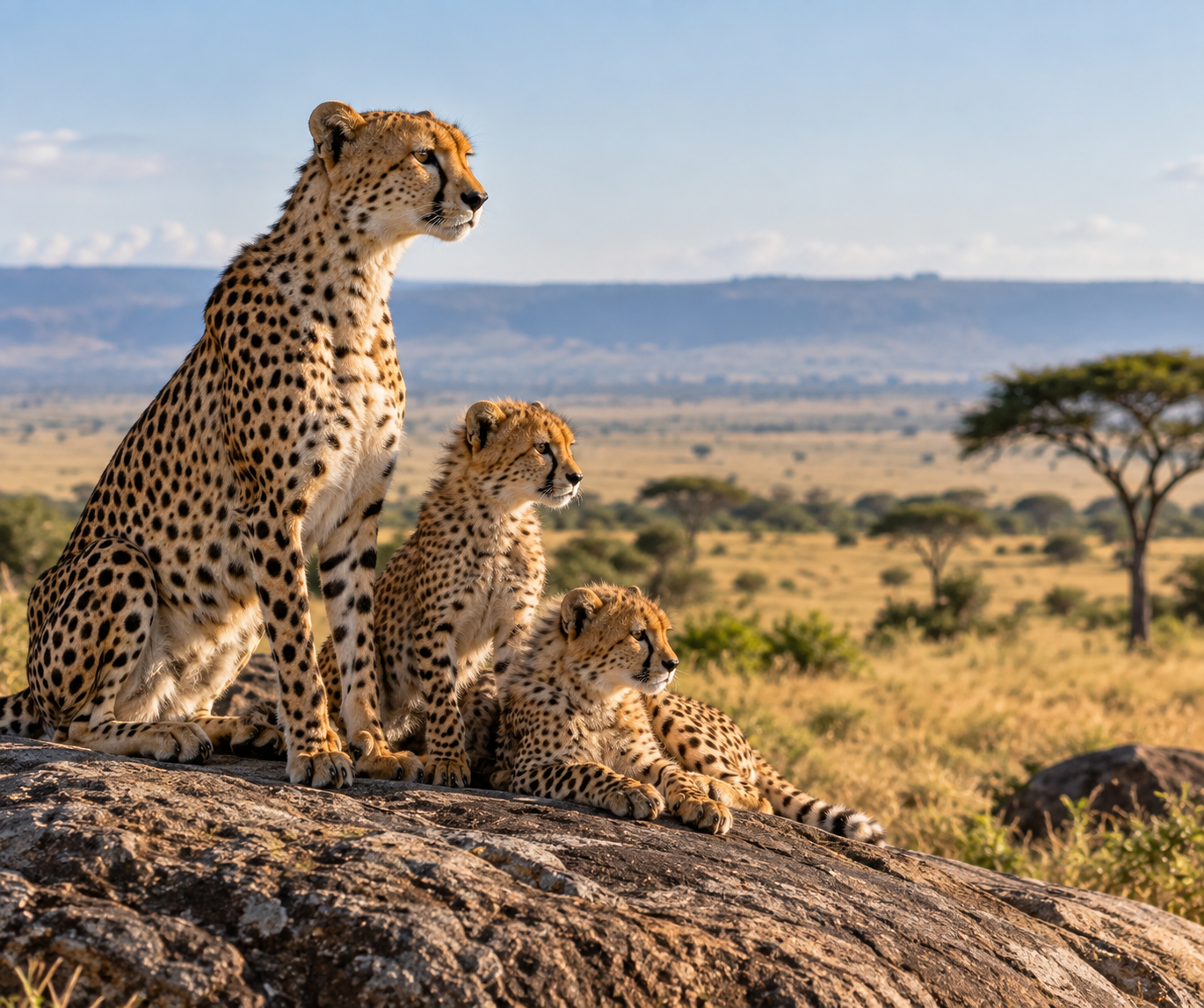 Gepard sa mladuncima na steni u afričkoj savani